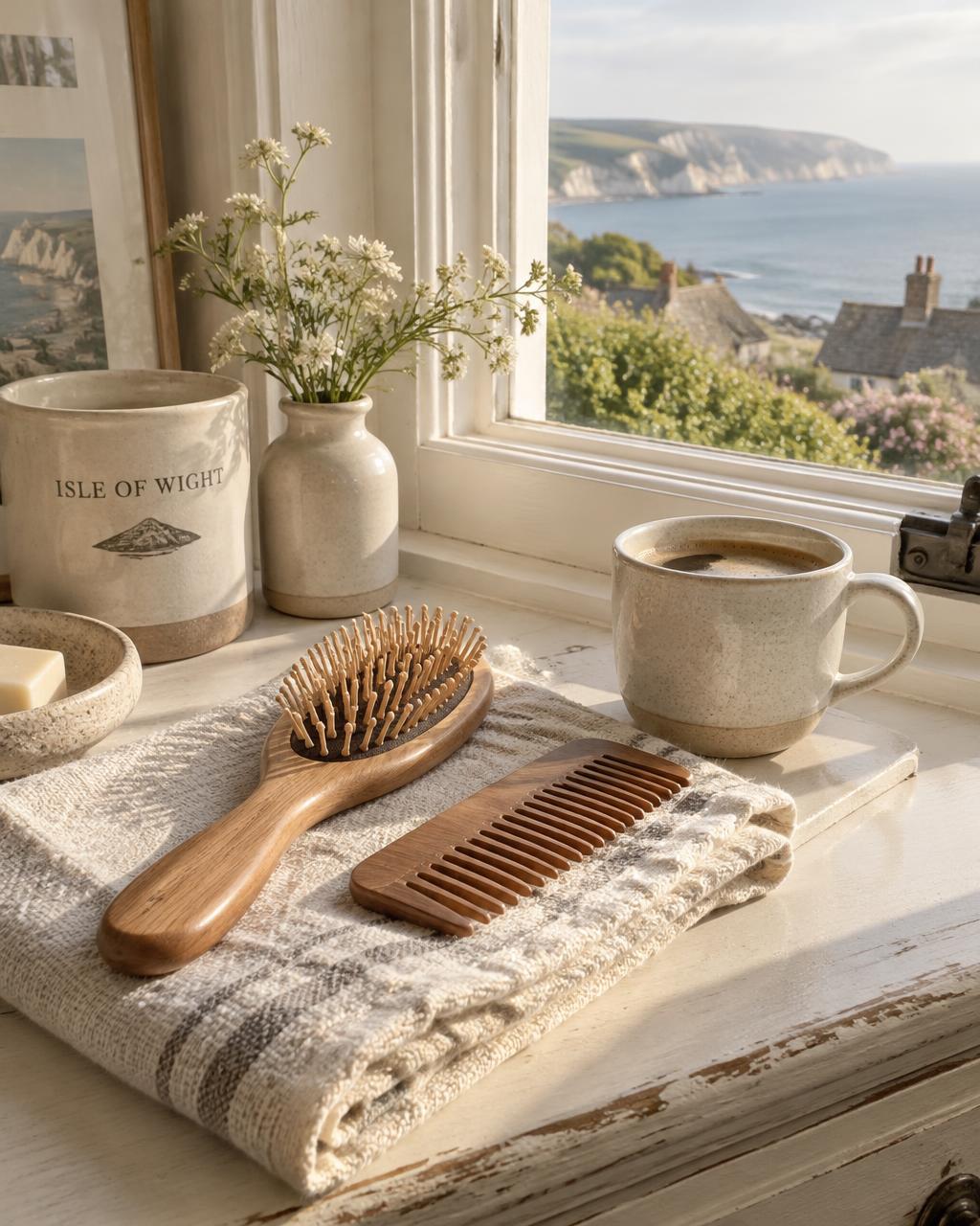 A wooden hairbrush and comb on a sunny windowsill overlooking the sea